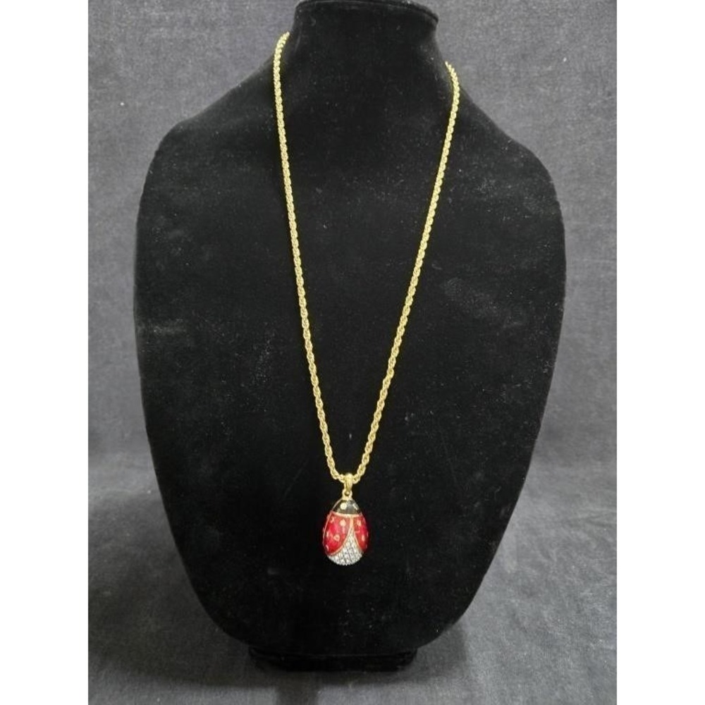 Vintage Joan Rivers Ladybug Egg Pendant Necklace Enamel Crystal Goldtone 30"
